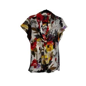 Ivy Chic Floral Watercolor Faux Wrap Short Sleeve Top Blouse Womens Size L